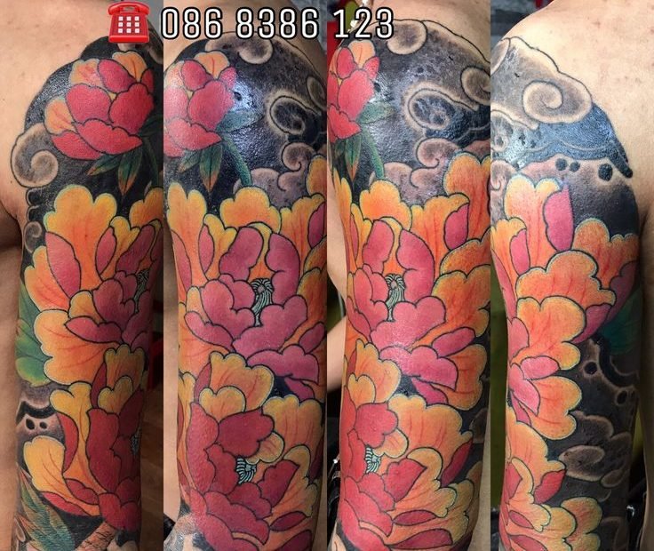Hình Xăm Hoa Mẫu Đơn, Hình Xăm Nhật Cổ, Hình Xăm Kín Tay Đẹp, Hình Xăm Hoa  Mẫu Đơn Màu, Hình Xăm Bắp Tay Đẹp Cho Nam | Ink